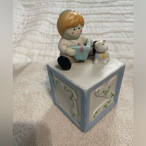 Ceramic Tzedakah Box with Child and Dog Figurine
